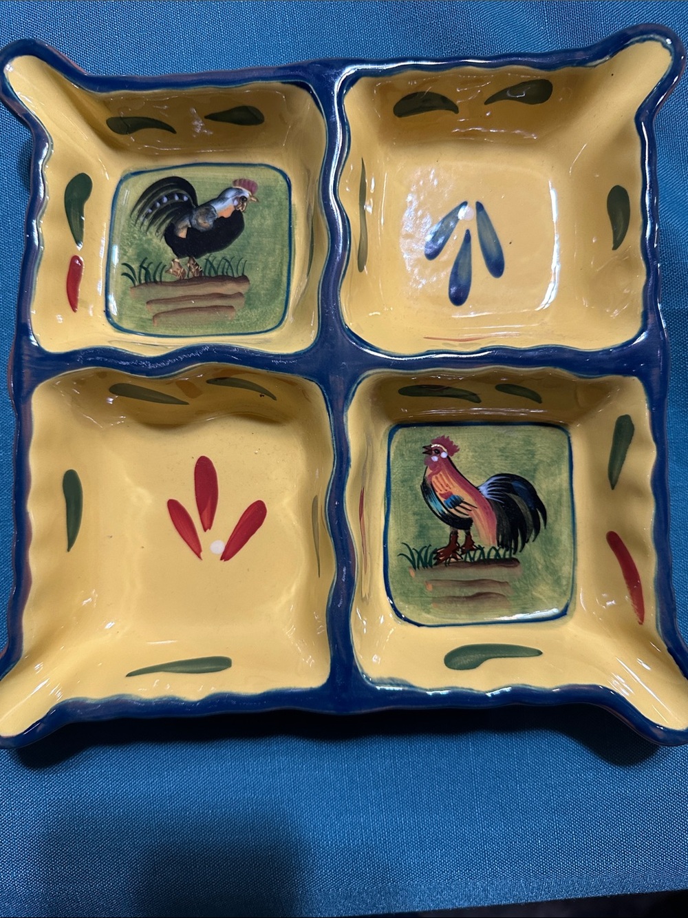 Hand-Painted Rooster Ceramic Divided Tray - Yellow & Blue - Home Accents